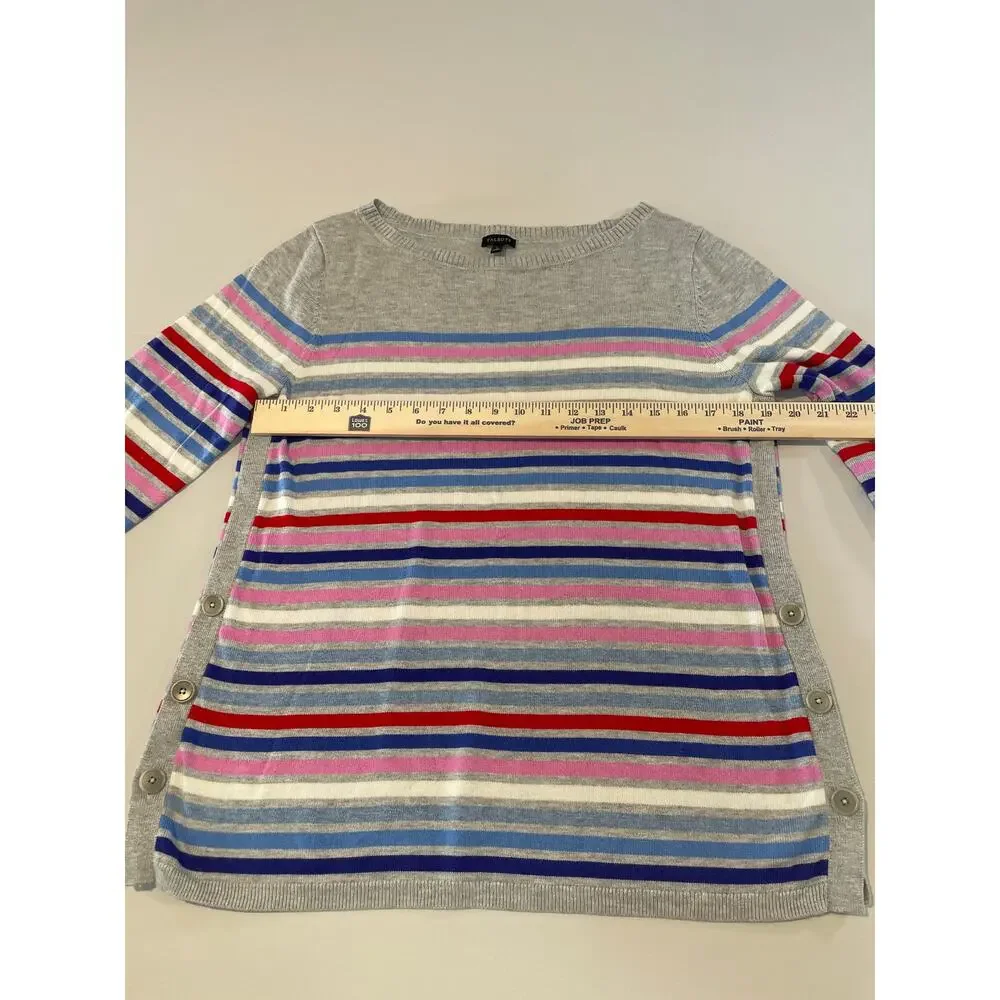 Talbots Multicolor Stripe Sweater Heather Gray Side Button Trim Lightweight
